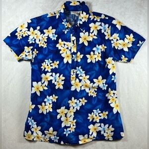 Go Barefoot Made in USA Size Medium Blue Hawaiian Fooral Print Men's Shirt